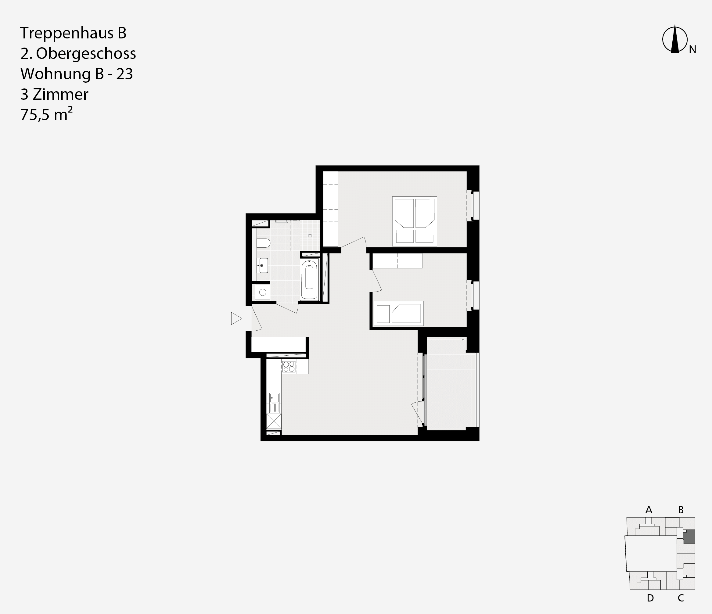 Treppenhaus B, 2. Obergeschoss, Wohnung B-23